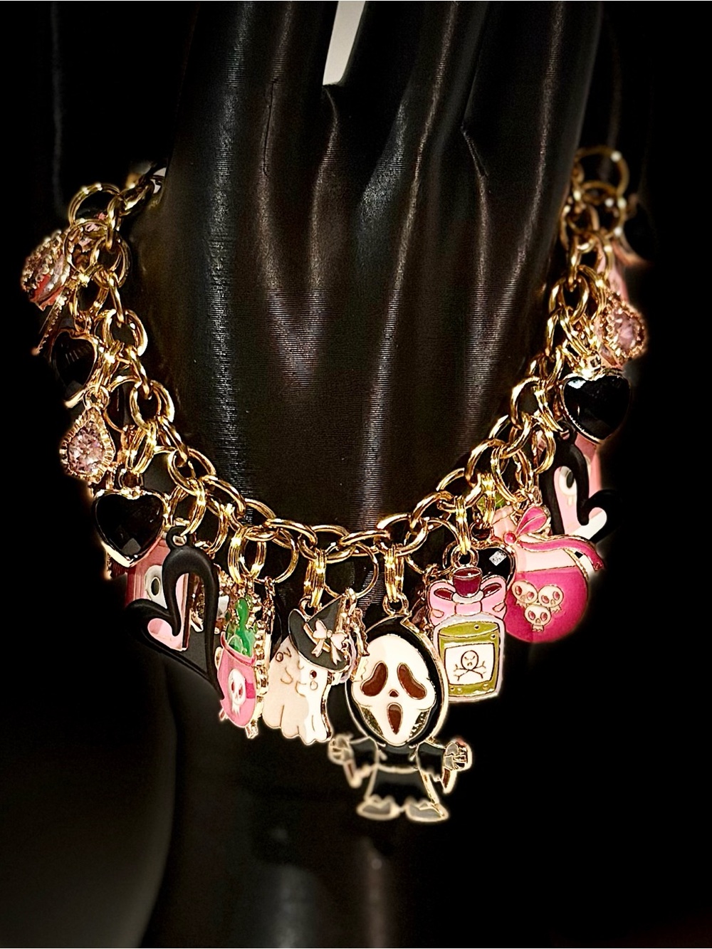 Gold-Tone Pink & Black Enamel Charm Bracelet - Women Jewelry